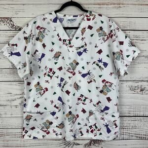Womens VTG Fashion Scrubs USA White Santa Hospital Christmas Print Scrub Top L